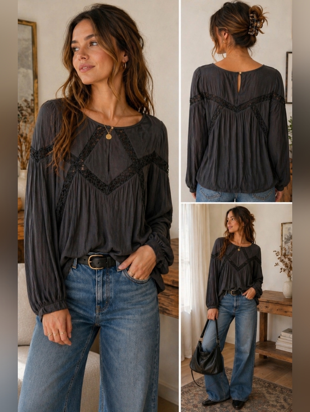 Free People Black Long Sleeve Lace Panel Boho Peasant Top